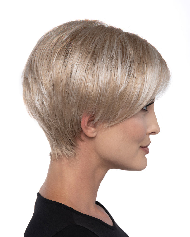 profile side of a short Kinner Beauty Wigs wig on woman head