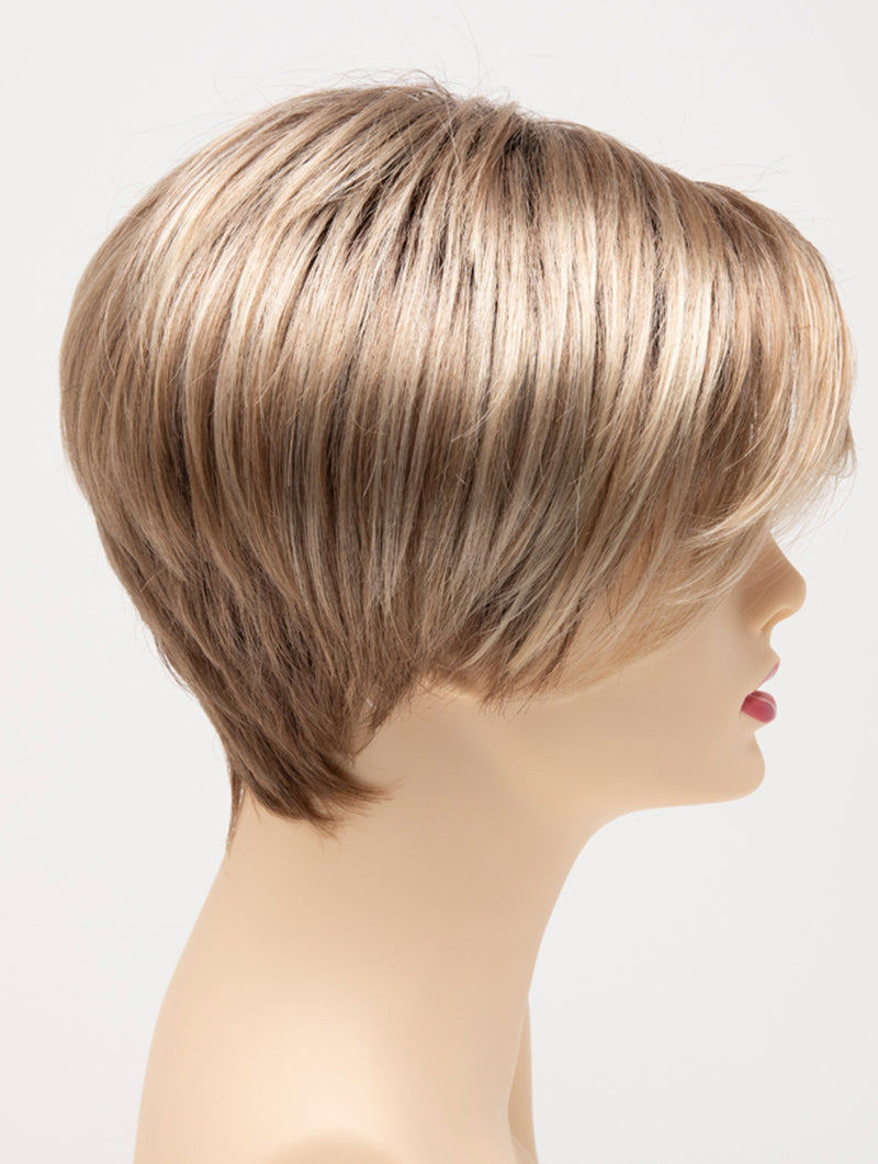 profile side of a short Kinner Beauty Wigs wig for woman on mannequin head