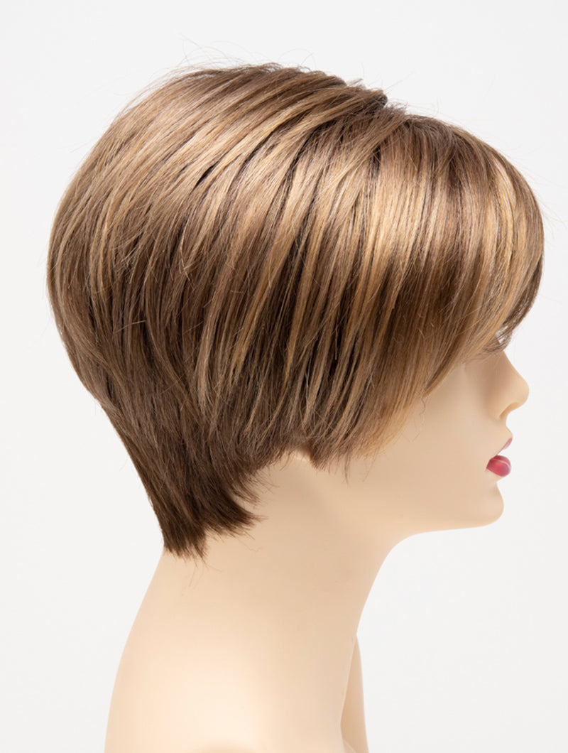 profile side of a short Kinner Beauty Wigs wig for woman on mannequin head