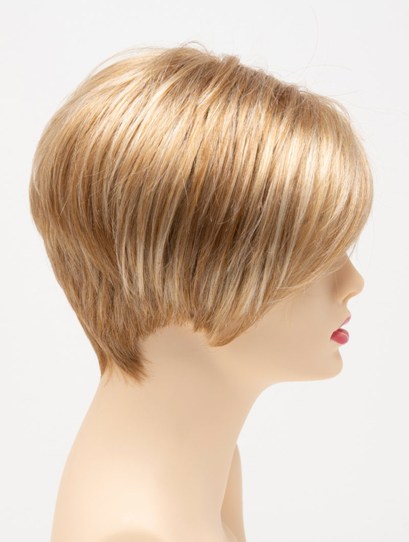 profile side of a short Kinner Beauty Wigs wig for woman on mannequin head