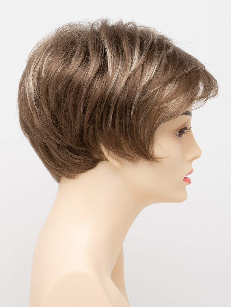profile side of a short Kinner Beauty Wigs wig for woman on mannequin head