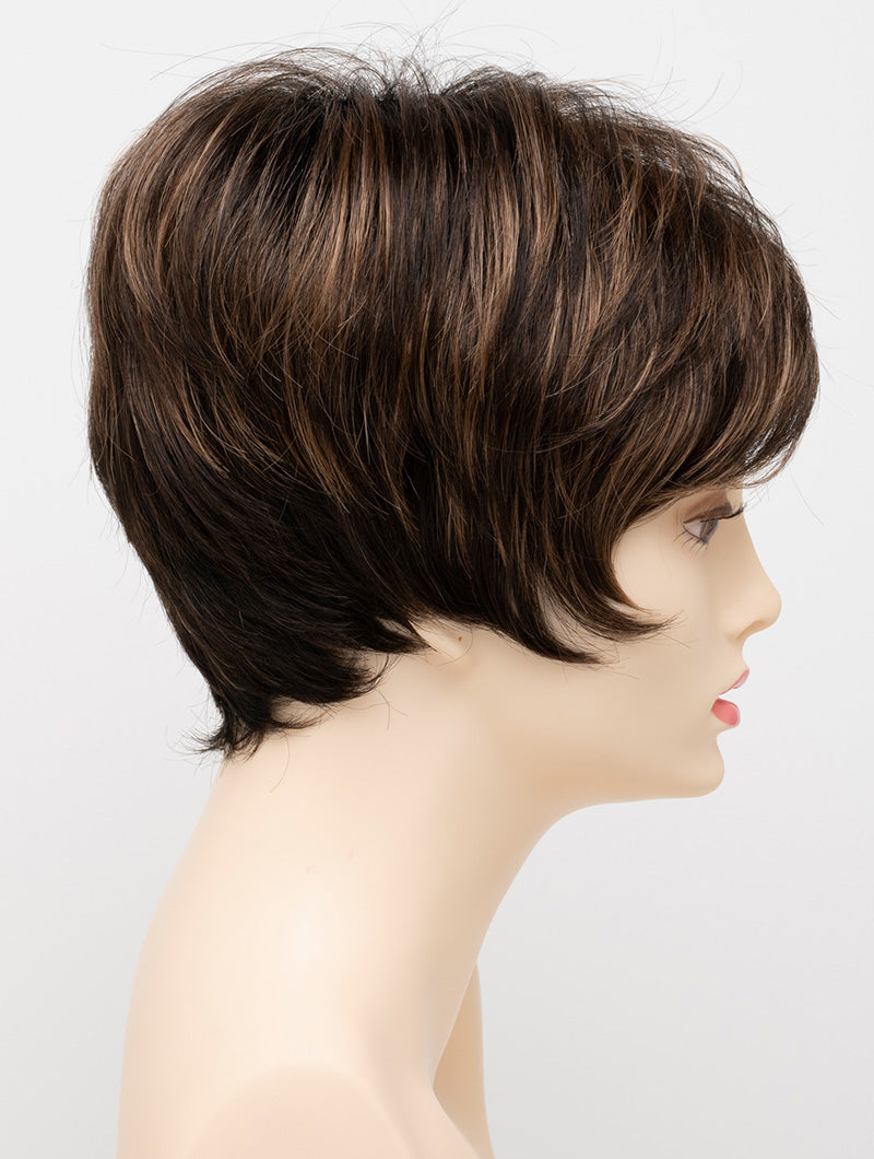 profile side of a short Kinner Beauty Wigs wig for woman on mannequin head