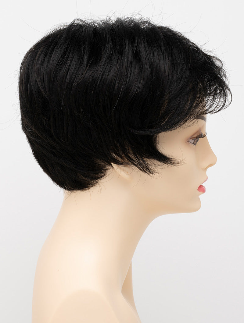 profile side of a short Kinner Beauty Wigs wig for woman on mannequin head