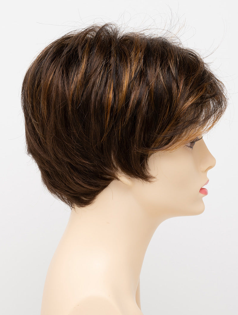 profile side of a short Kinner Beauty Wigs wig for woman on mannequin head