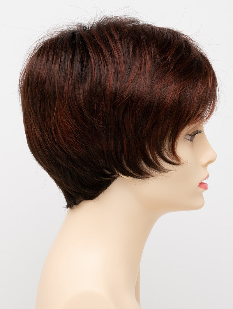 profile side of a short Kinner Beauty Wigs wig for woman on mannequin head