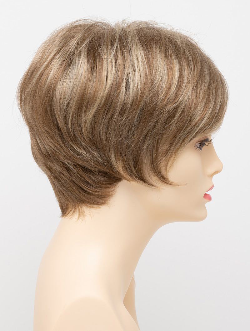 profile side of a short Kinner Beauty Wigs wig for woman on mannequin head