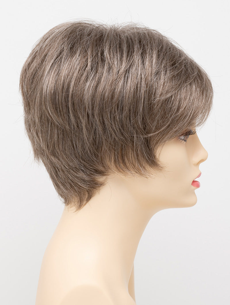 profile side of a short Kinner Beauty Wigs wig for woman on mannequin head
