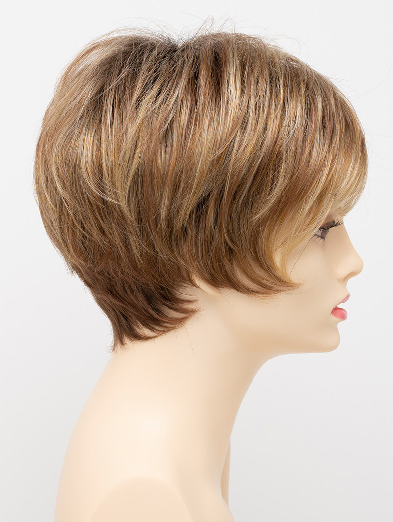 profile side of a short Kinner Beauty Wigs wig for woman on mannequin head
