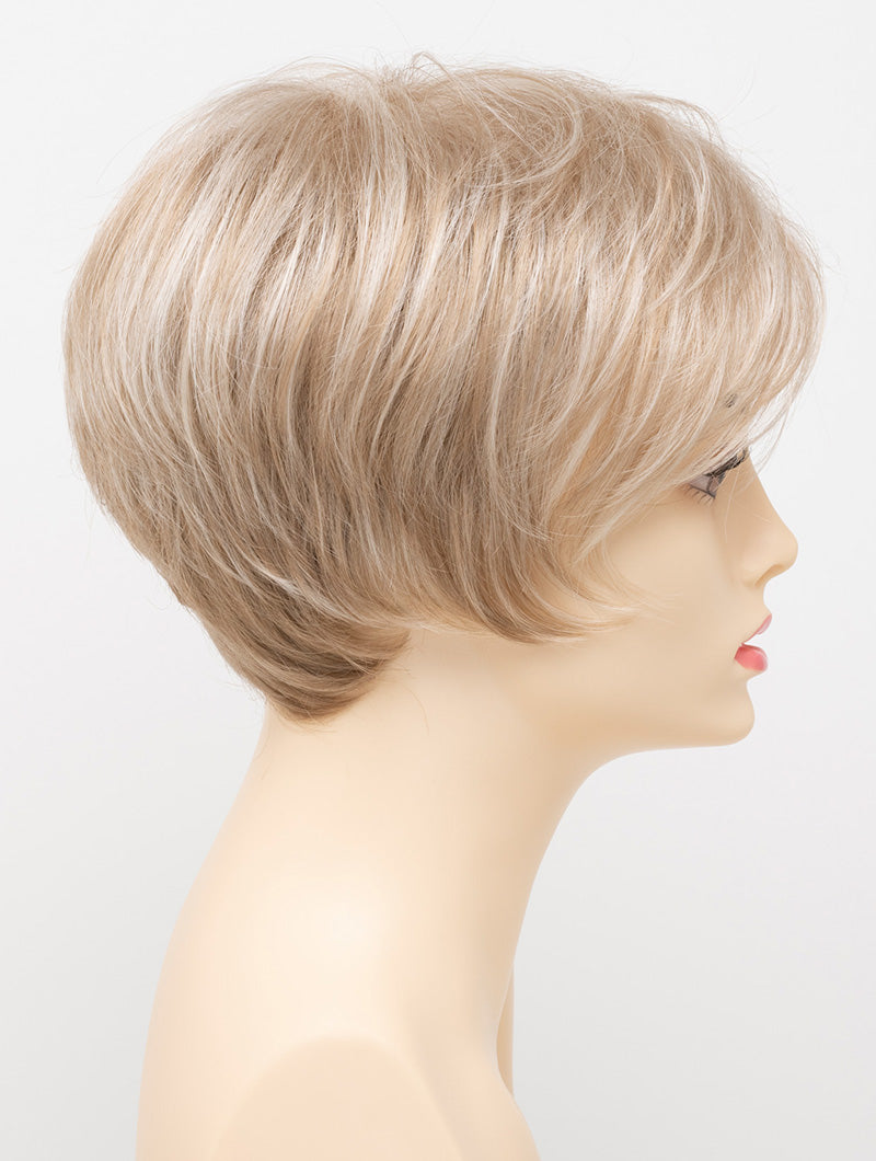 profile side of a short Kinner Beauty Wigs wig for woman on mannequin head