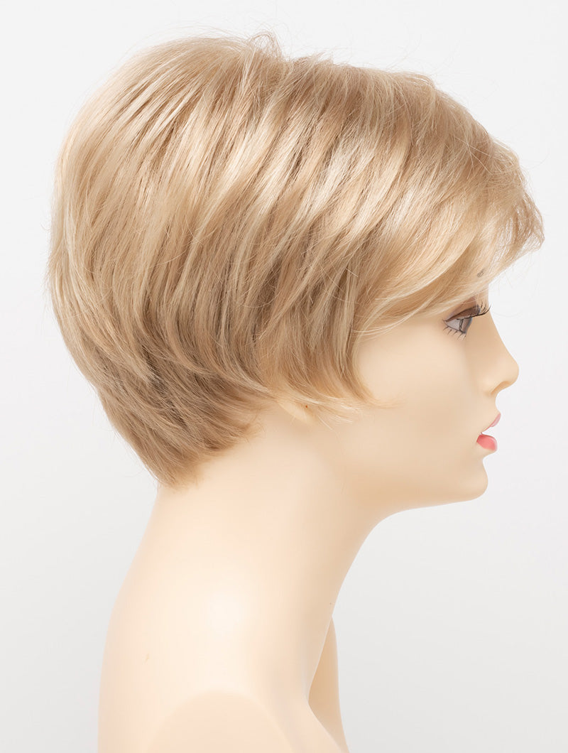 profile side of a short Kinner Beauty Wigs wig for woman on mannequin head