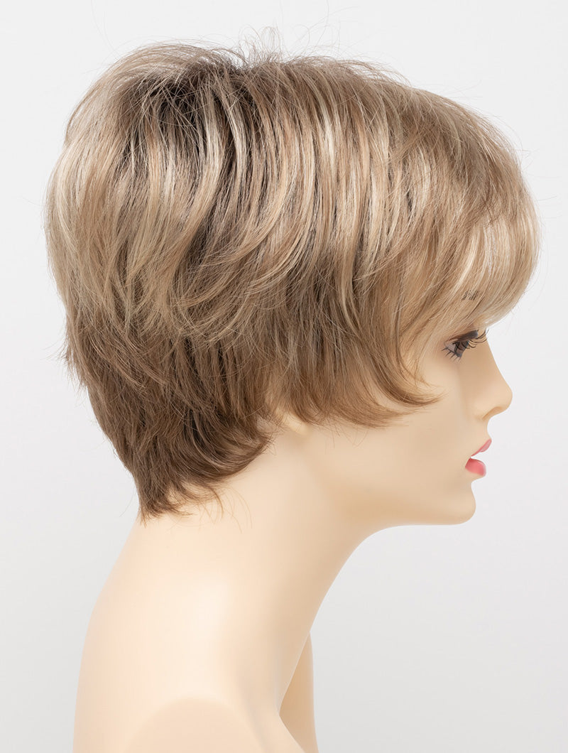 profile side of a short Kinner Beauty Wigs wig for woman on mannequin head