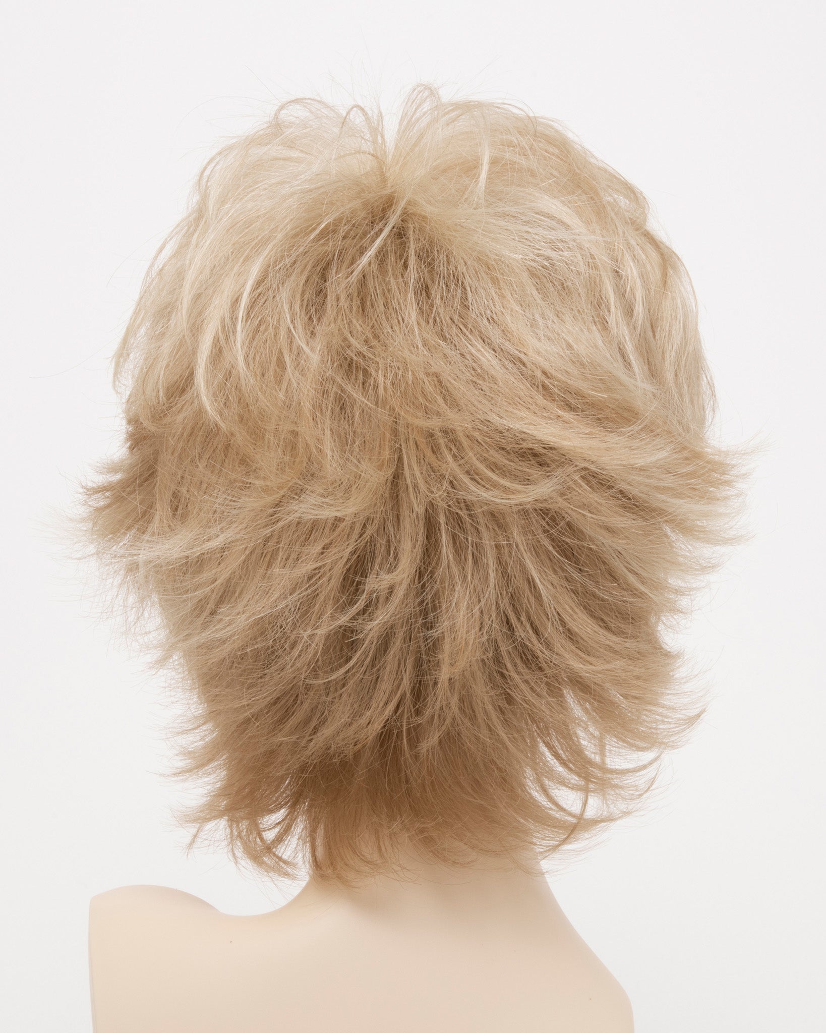 back side of a short Kinner Beauty Wigs wig for woman on mannequin head