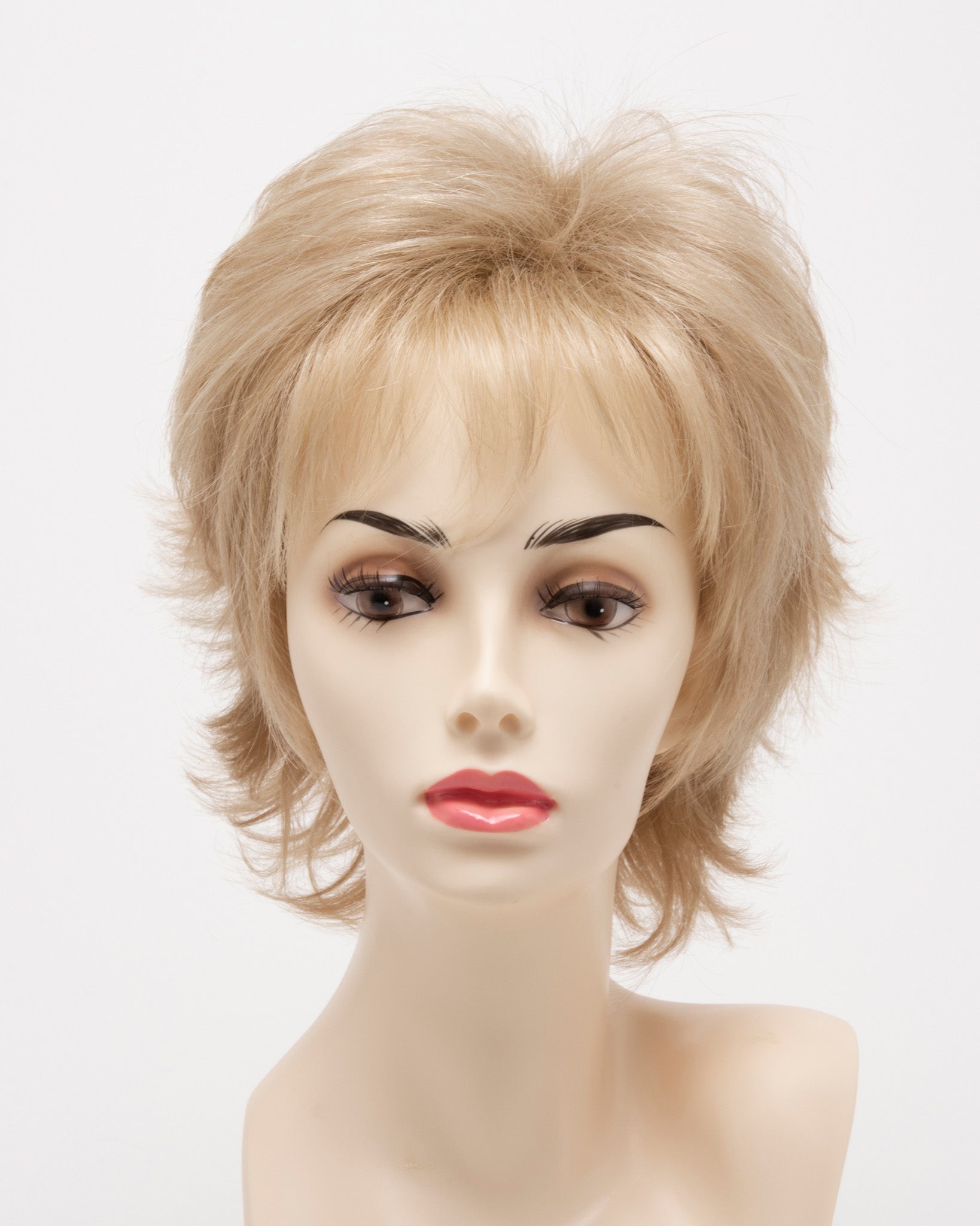 front side of a short Kinner Beauty Wigs wig for woman on mannequin head