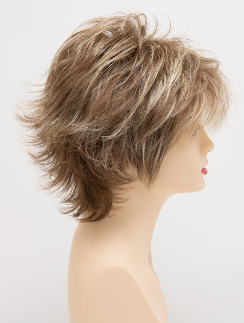 profile side of a short Kinner Beauty Wigs wig for woman on mannequin head