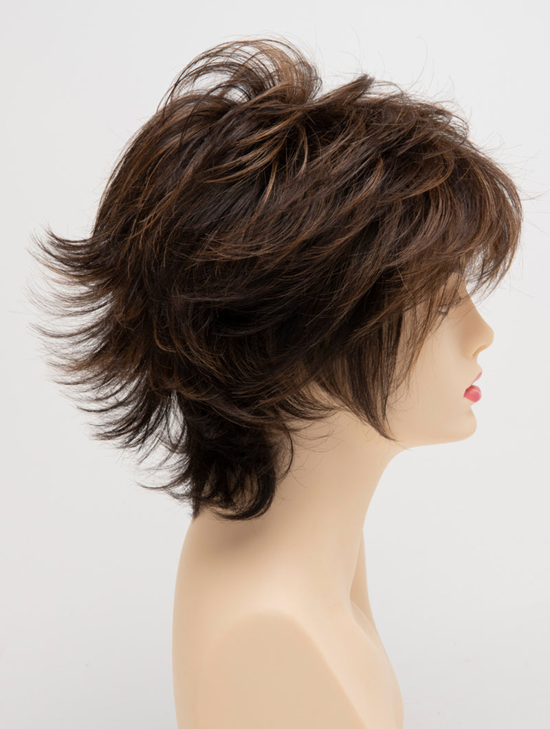 profile side of a short Kinner Beauty Wigs wig for woman on mannequin head