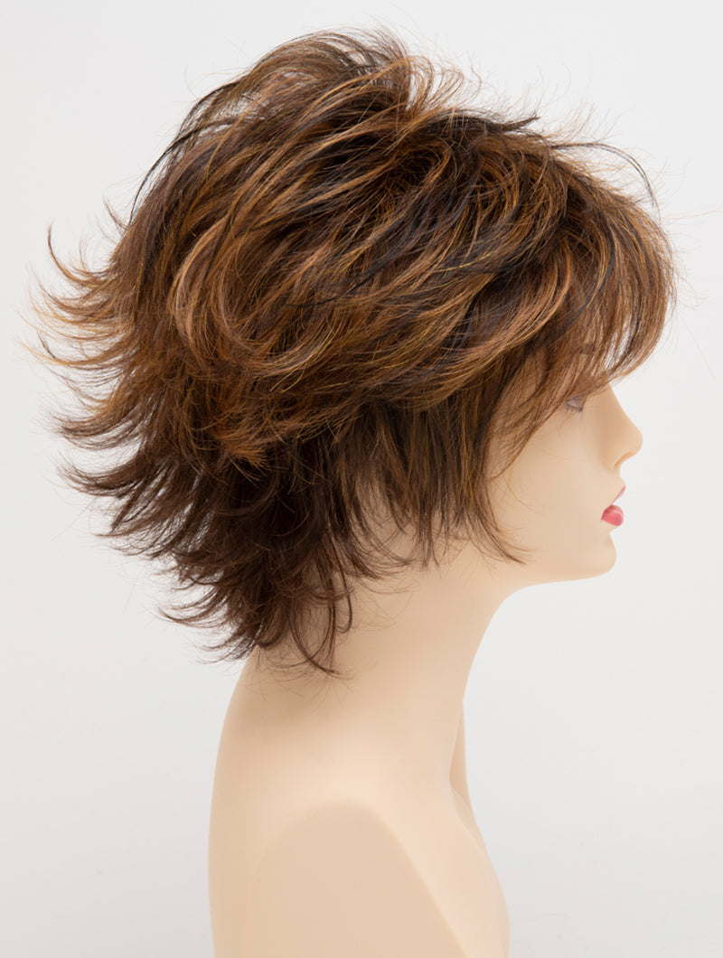 profile side of a short Kinner Beauty Wigs wig for woman on mannequin head