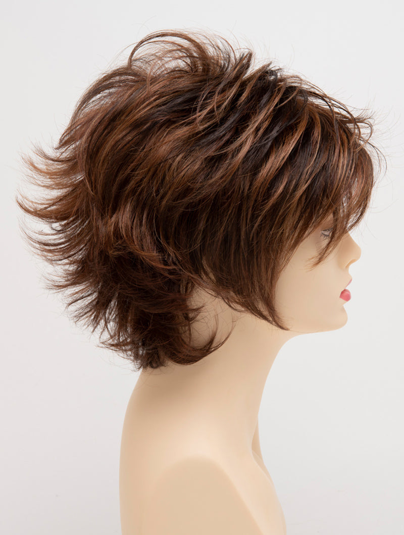 profile side of a short Kinner Beauty Wigs wig for woman on mannequin head