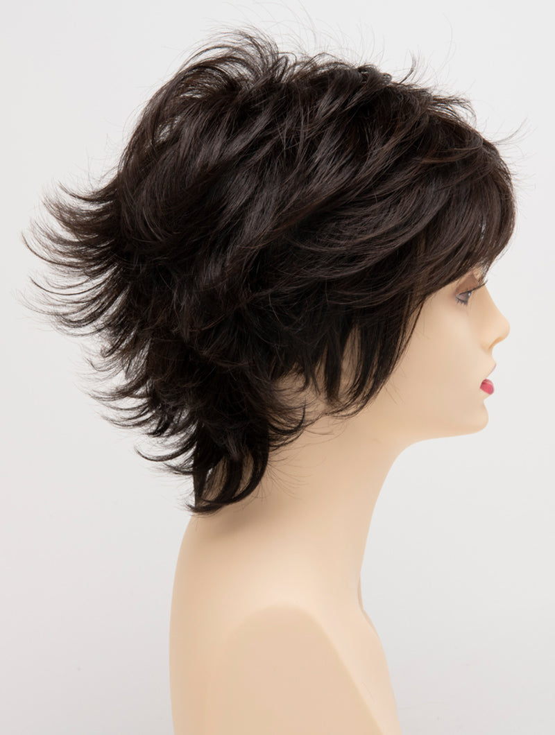 profile side of a short Kinner Beauty Wigs wig for woman on mannequin head
