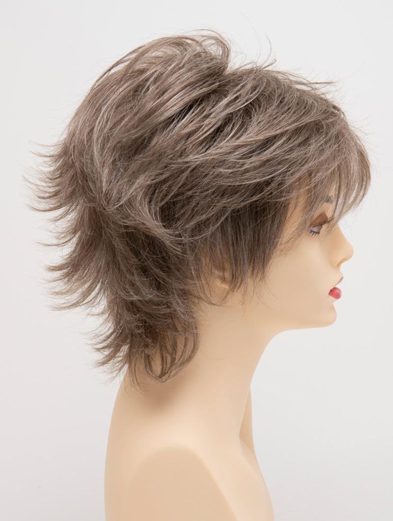 profile side of a short Kinner Beauty Wigs wig for woman on mannequin head