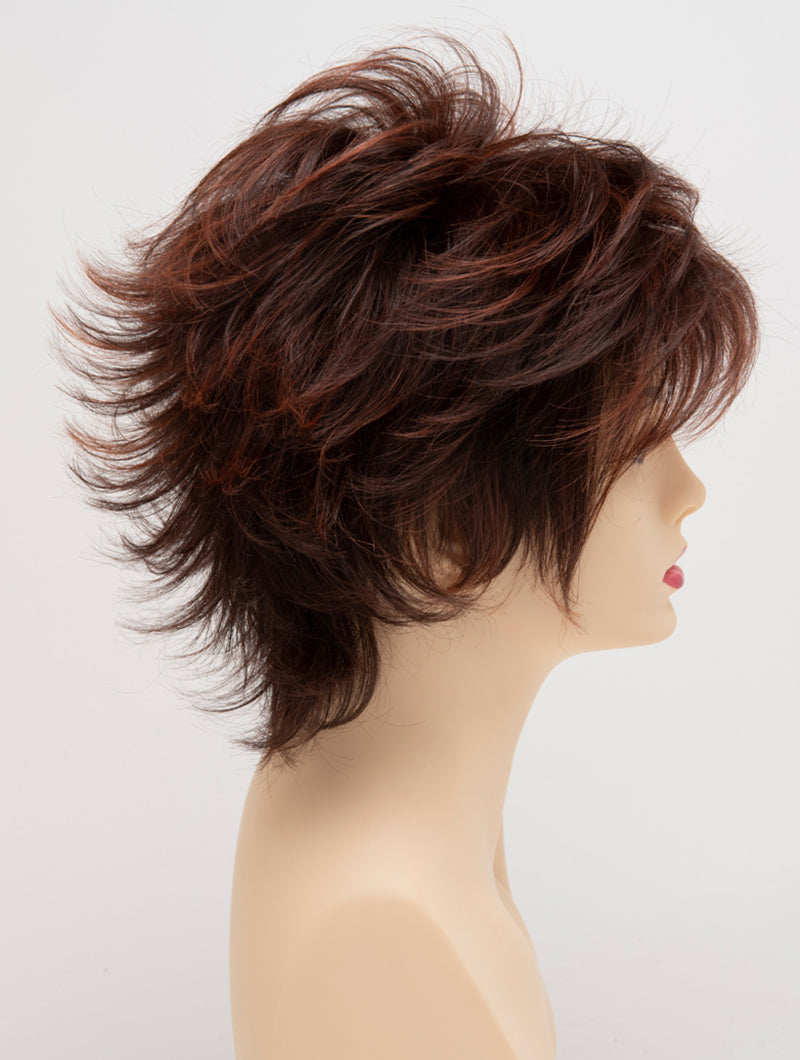 profile side of a short Kinner Beauty Wigs wig for woman on mannequin head