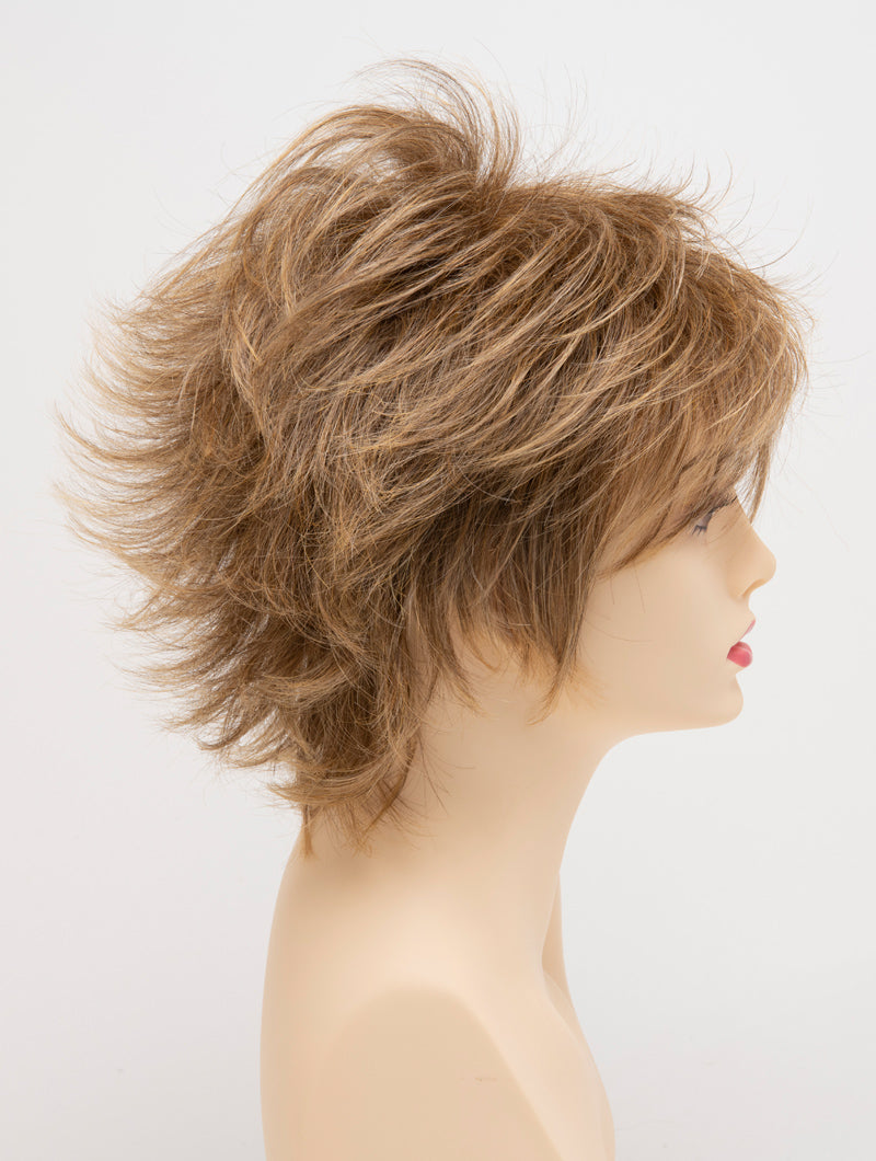 profile side of a short Kinner Beauty Wigs wig for woman on mannequin head
