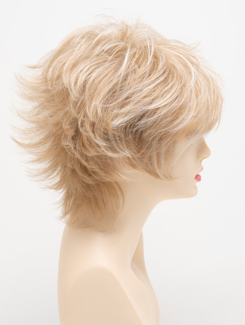 profile side of a short Kinner Beauty Wigs wig for woman on mannequin head