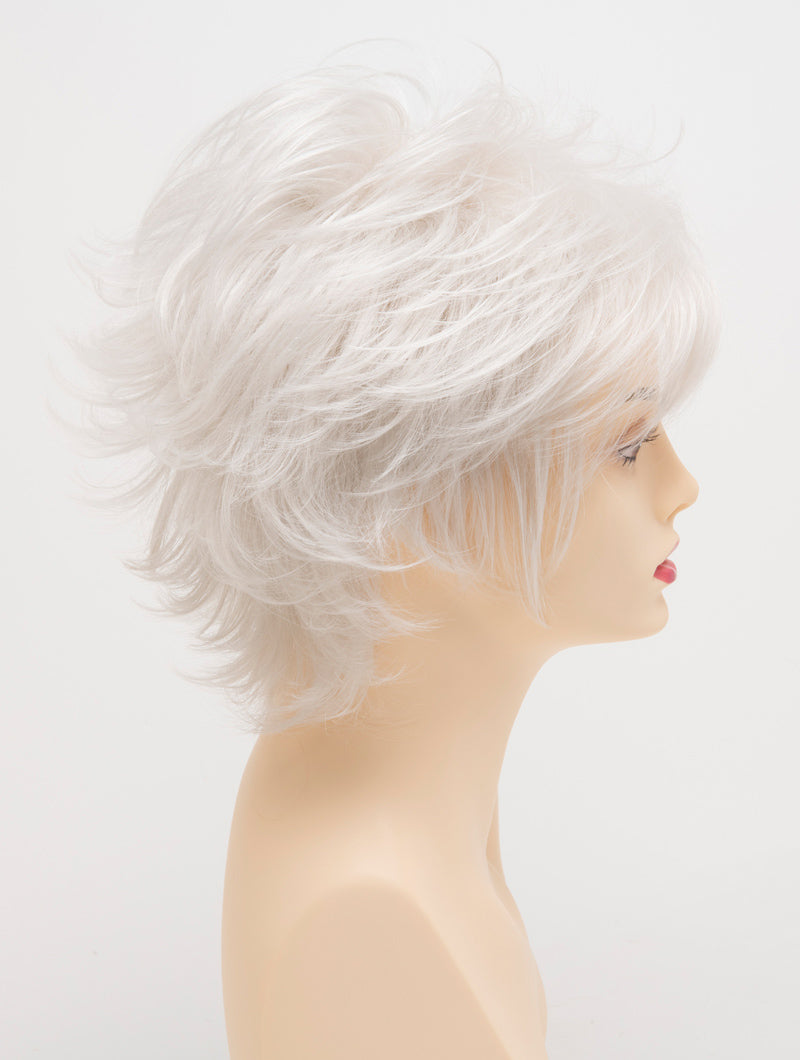 profile side of a short Kinner Beauty Wigs wig for woman on mannequin head