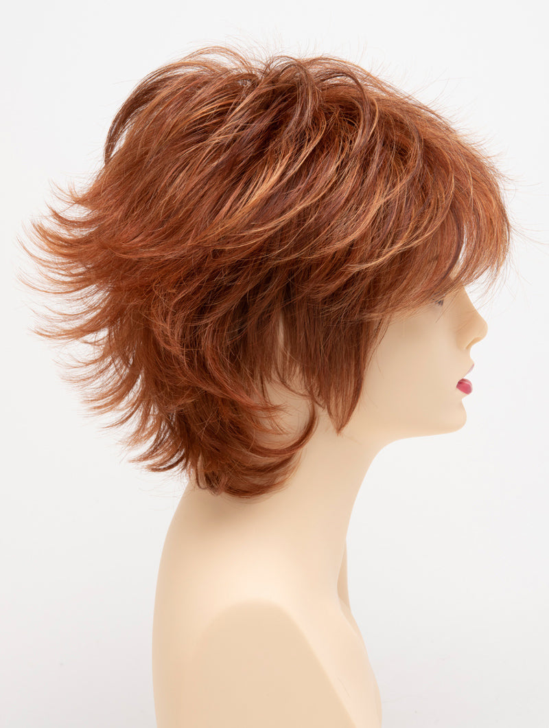 profile side of a short Kinner Beauty Wigs wig for woman on mannequin head