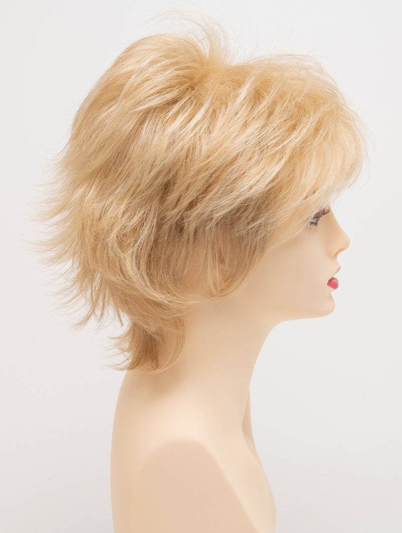 profile side of a short Kinner Beauty Wigs wig for woman on mannequin head