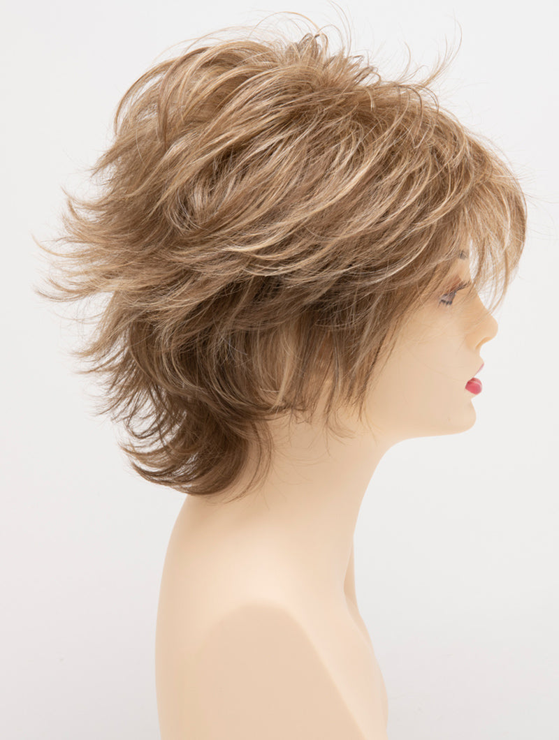 profile side of a short Kinner Beauty Wigs wig for woman on mannequin head