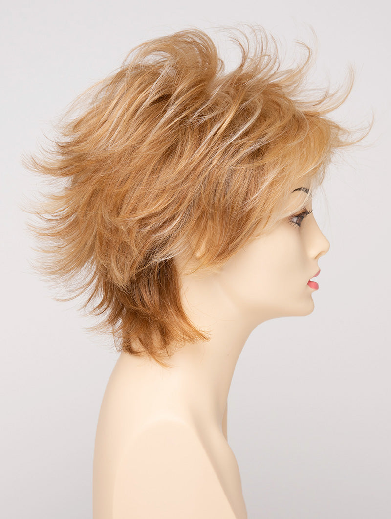 profile side of a short Kinner Beauty Wigs wig for woman on mannequin head