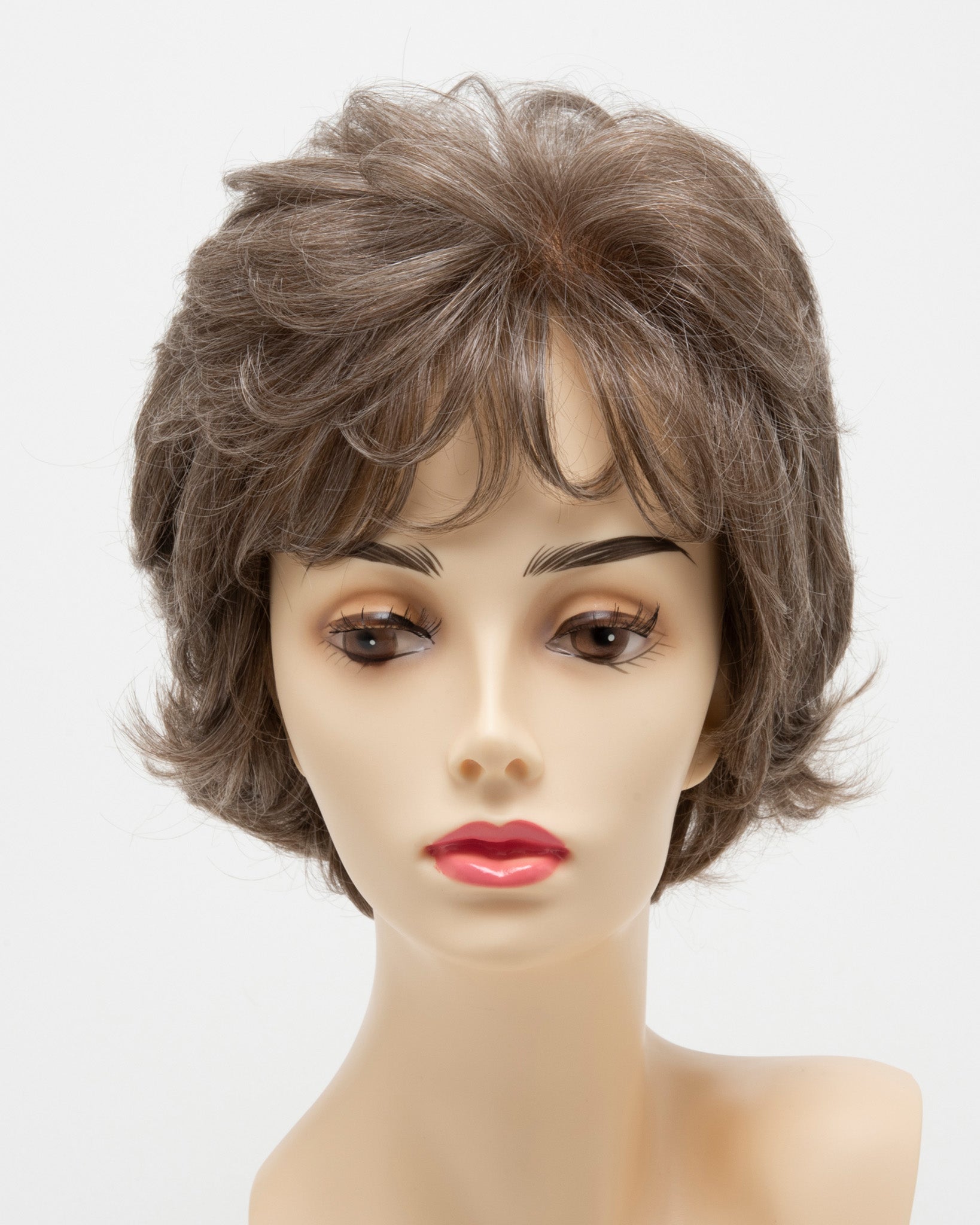 front side of a short Kinner Beauty Wigs wig for woman on mannequin head