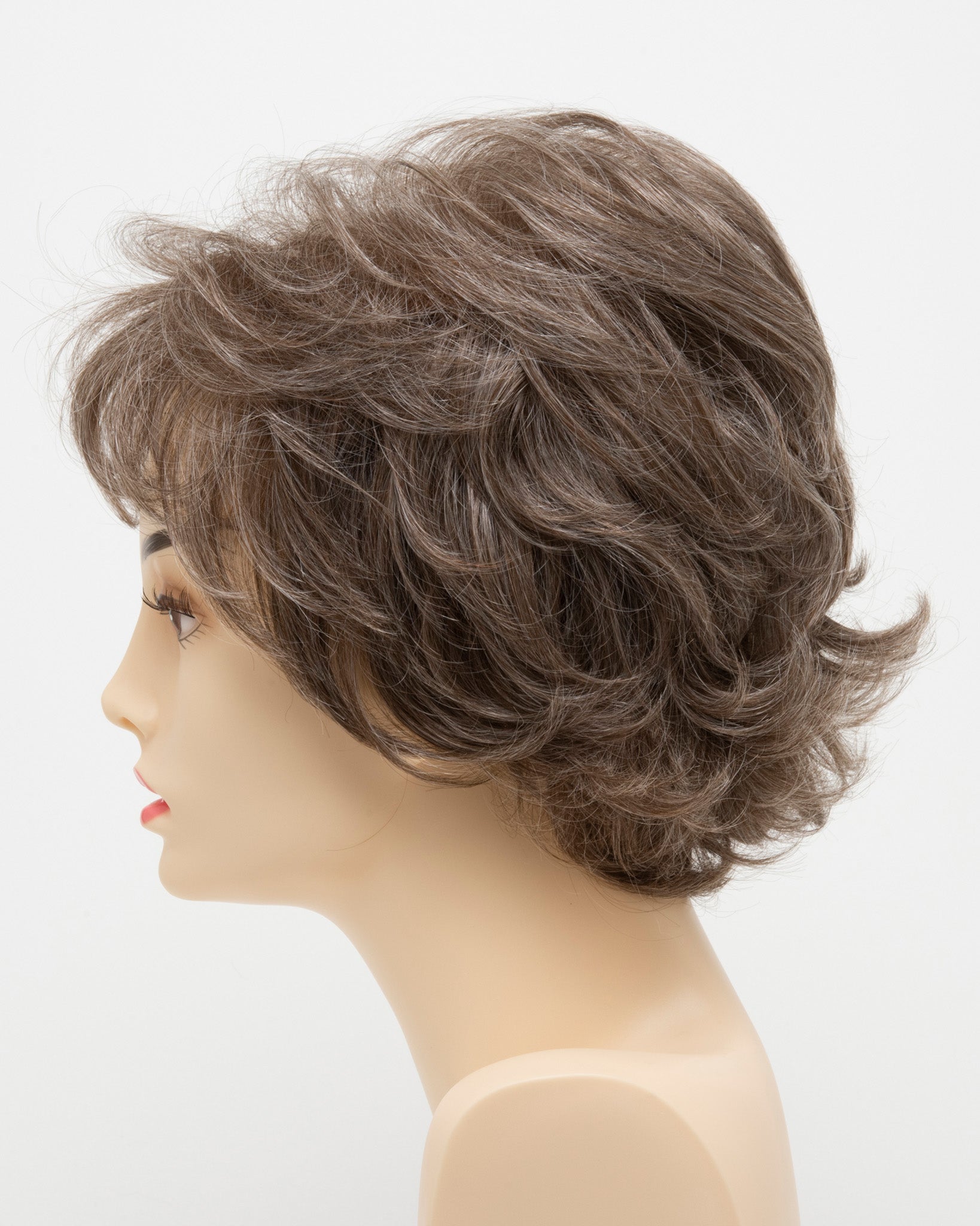 profile side of a short Kinner Beauty Wigs wig for woman on mannequin head