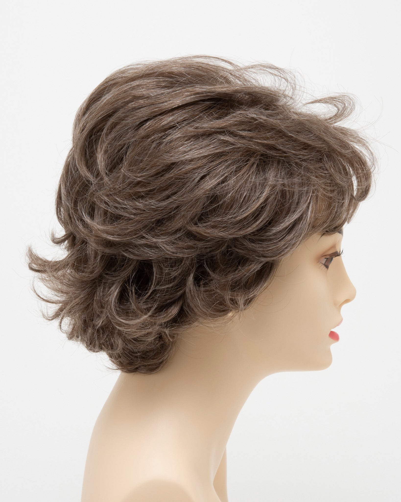 profile side of a short Kinner Beauty Wigs wig for woman on mannequin head