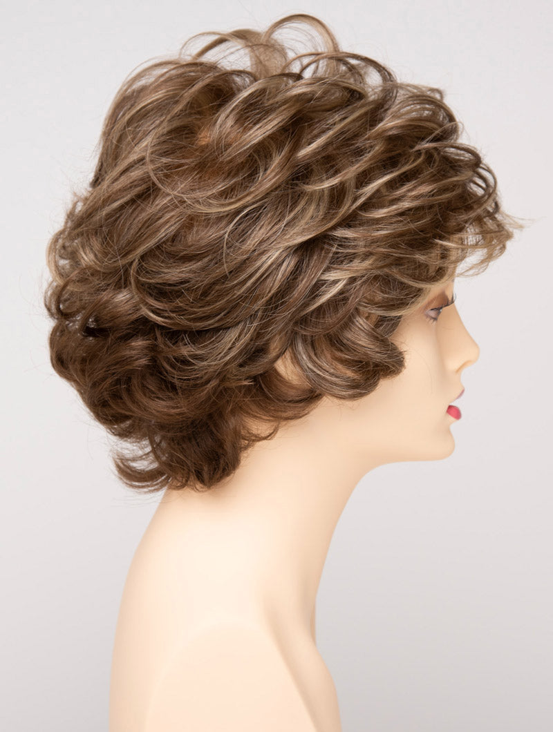 profile side of a short Kinner Beauty Wigs wig for woman on mannequin head