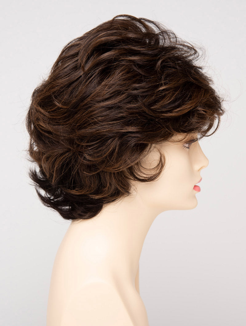 profile side of a short Kinner Beauty Wigs wig for woman on mannequin head
