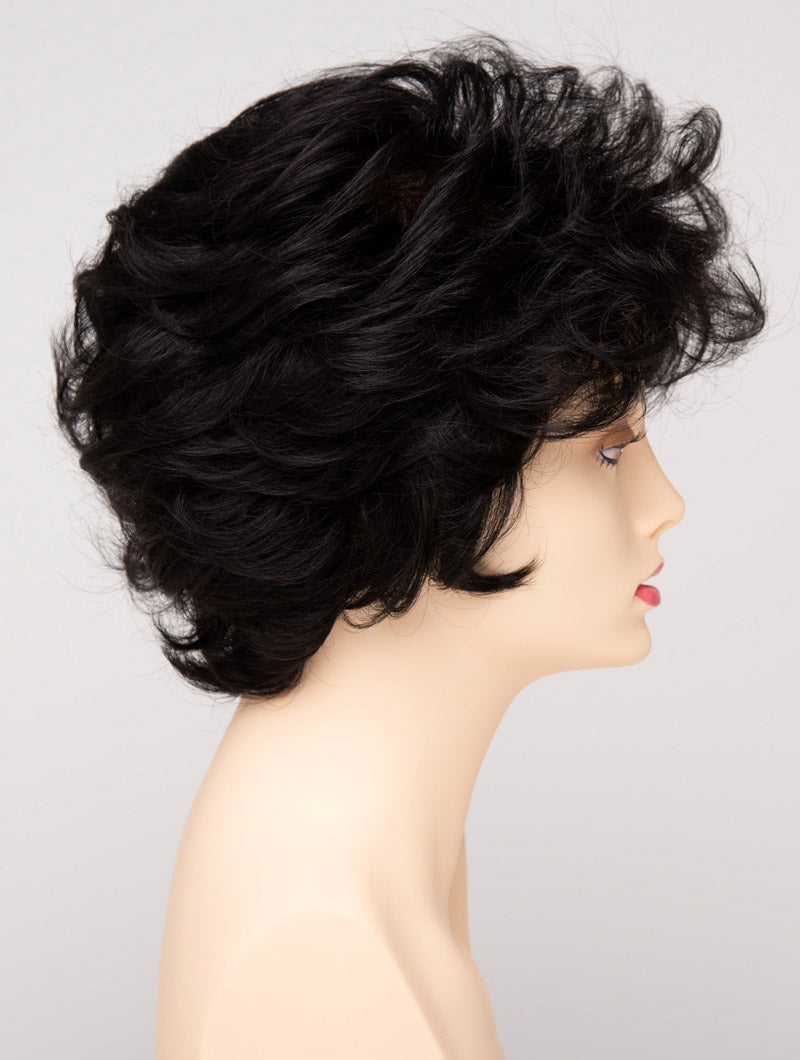 profile side of a short Kinner Beauty Wigs wig for woman on mannequin head