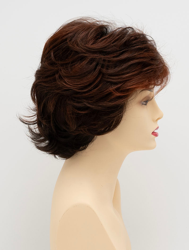 profile side of a short Kinner Beauty Wigs wig for woman on mannequin head