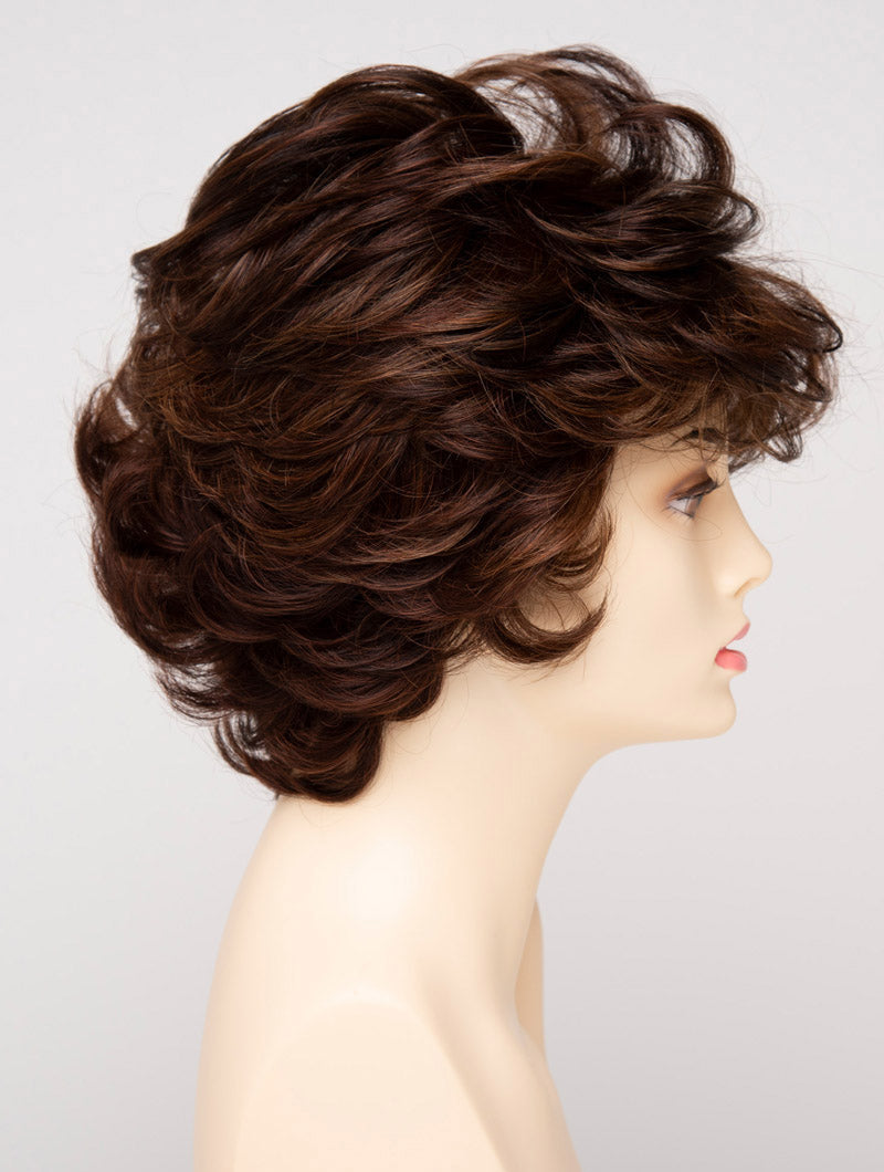 profile side of a short Kinner Beauty Wigs wig for woman on mannequin head