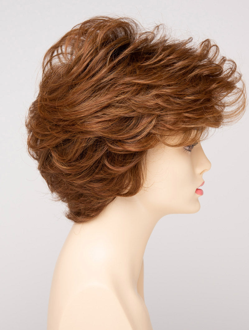 profile side of a short Kinner Beauty Wigs wig for woman on mannequin head