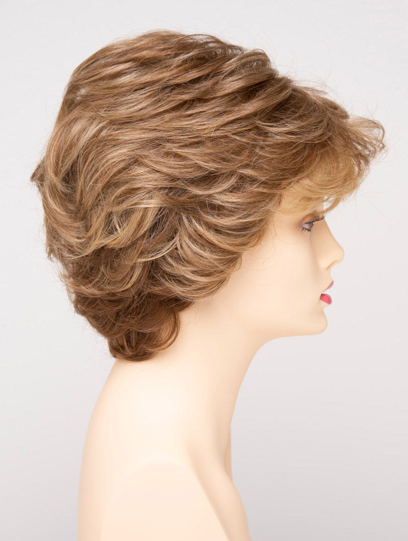 profile side of a short Kinner Beauty Wigs wig for woman on mannequin head