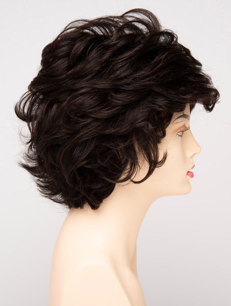 profile side of a short Kinner Beauty Wigs wig for woman on mannequin head
