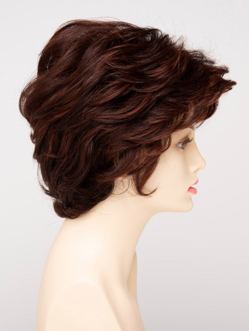 profile side of a short Kinner Beauty Wigs wig for woman on mannequin head