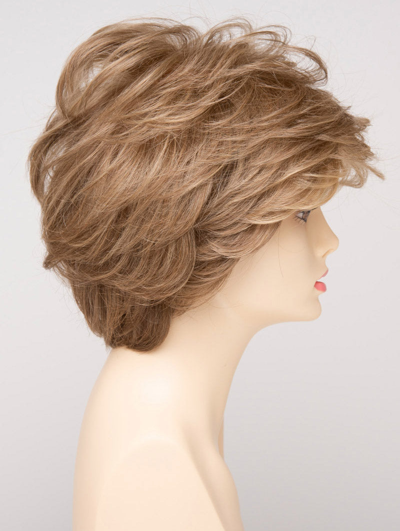 profile side of a short Kinner Beauty Wigs wig for woman on mannequin head