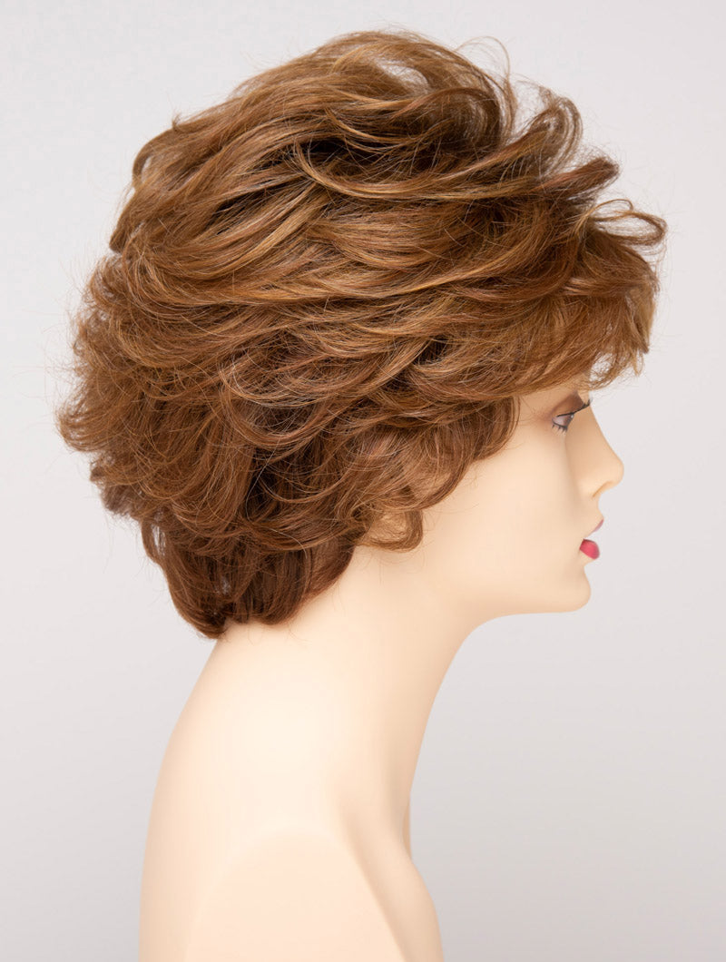 profile side of a short Kinner Beauty Wigs wig for woman on mannequin head