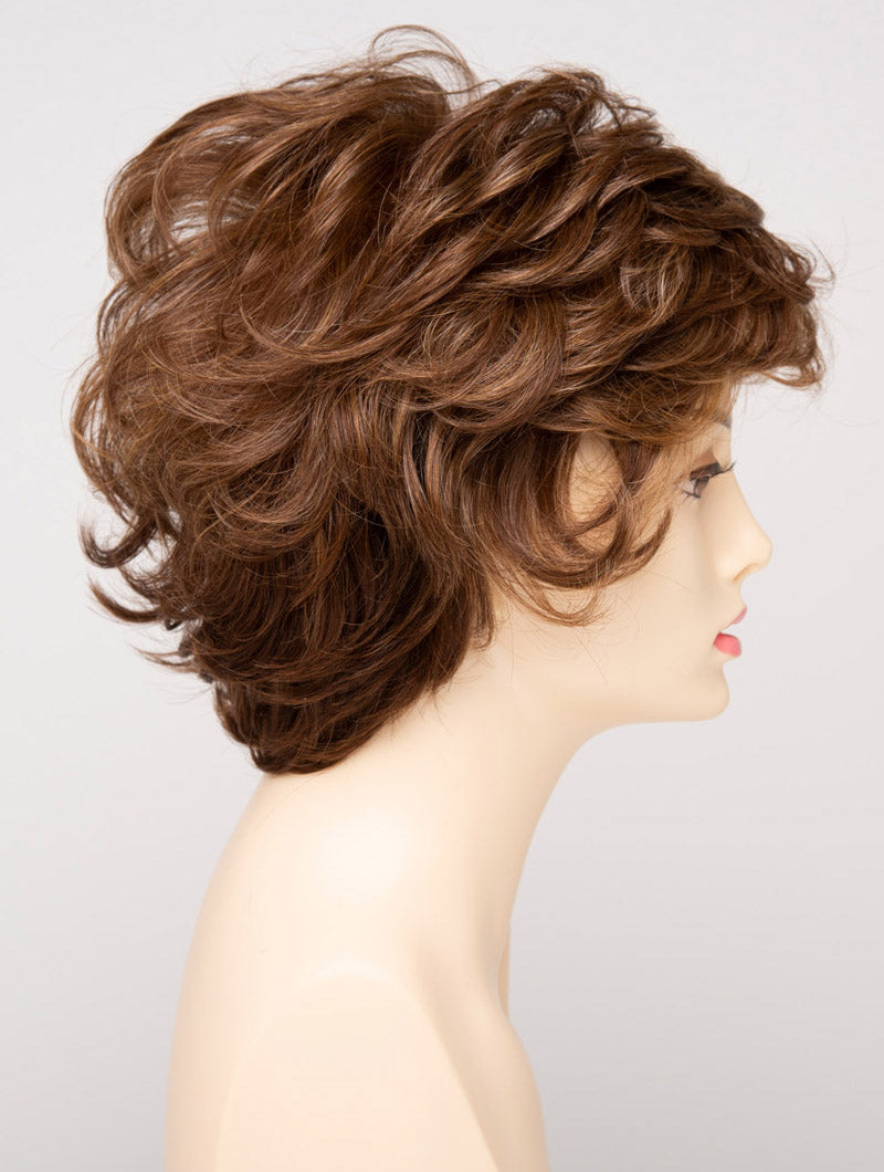 profile side of a short Kinner Beauty Wigs wig for woman on mannequin head