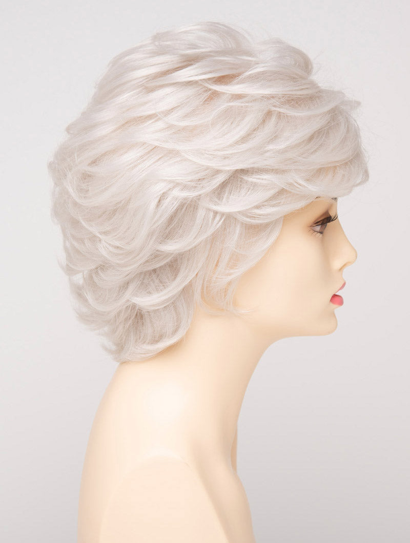 profile side of a short Kinner Beauty Wigs wig for woman on mannequin head
