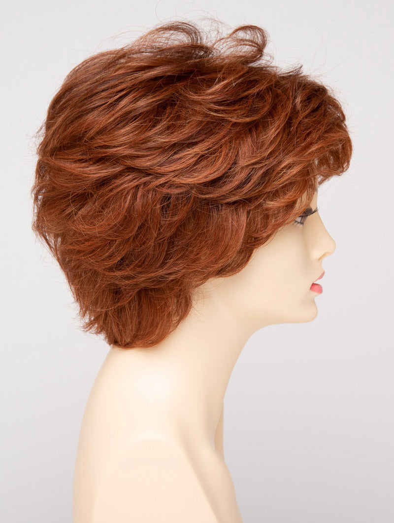 profile side of a short Kinner Beauty Wigs wig for woman on mannequin head