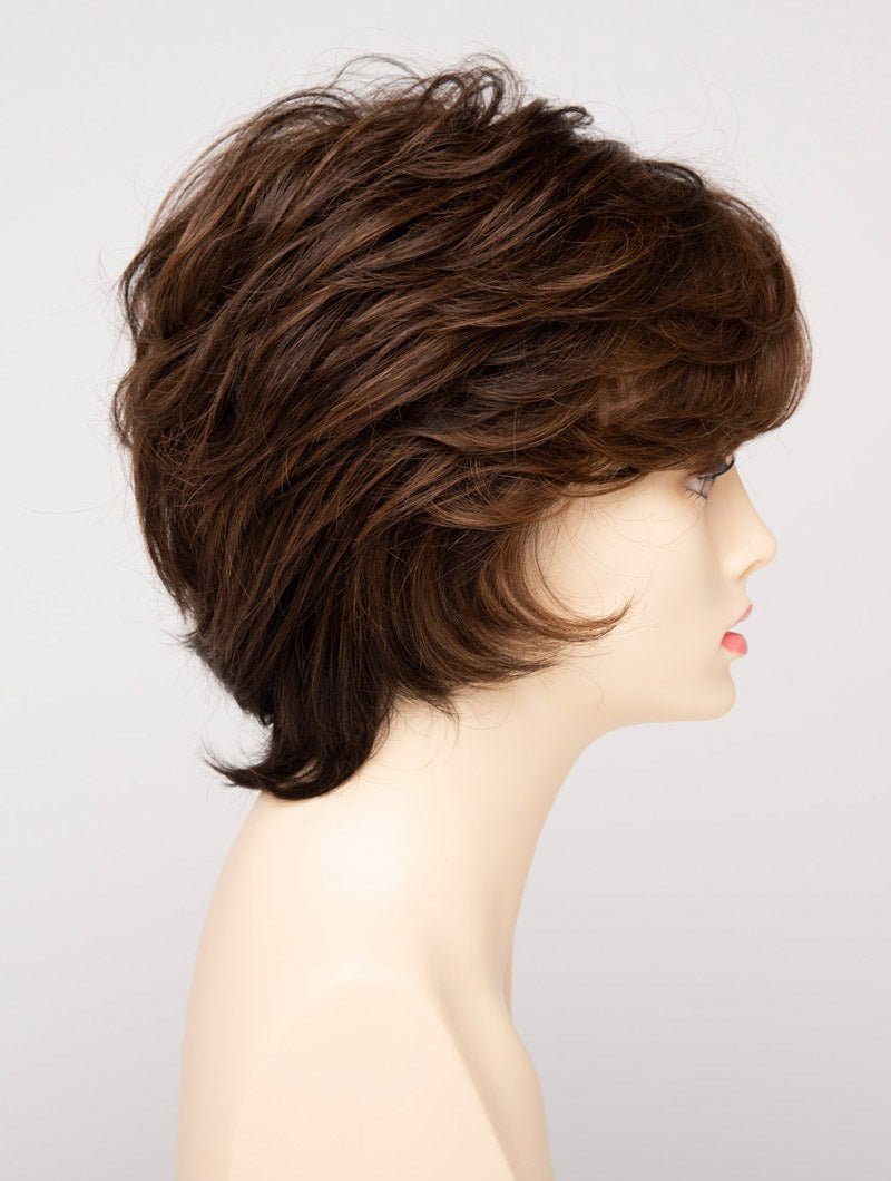 profile side of a short Kinner Beauty Wigs wig for woman on mannequin head