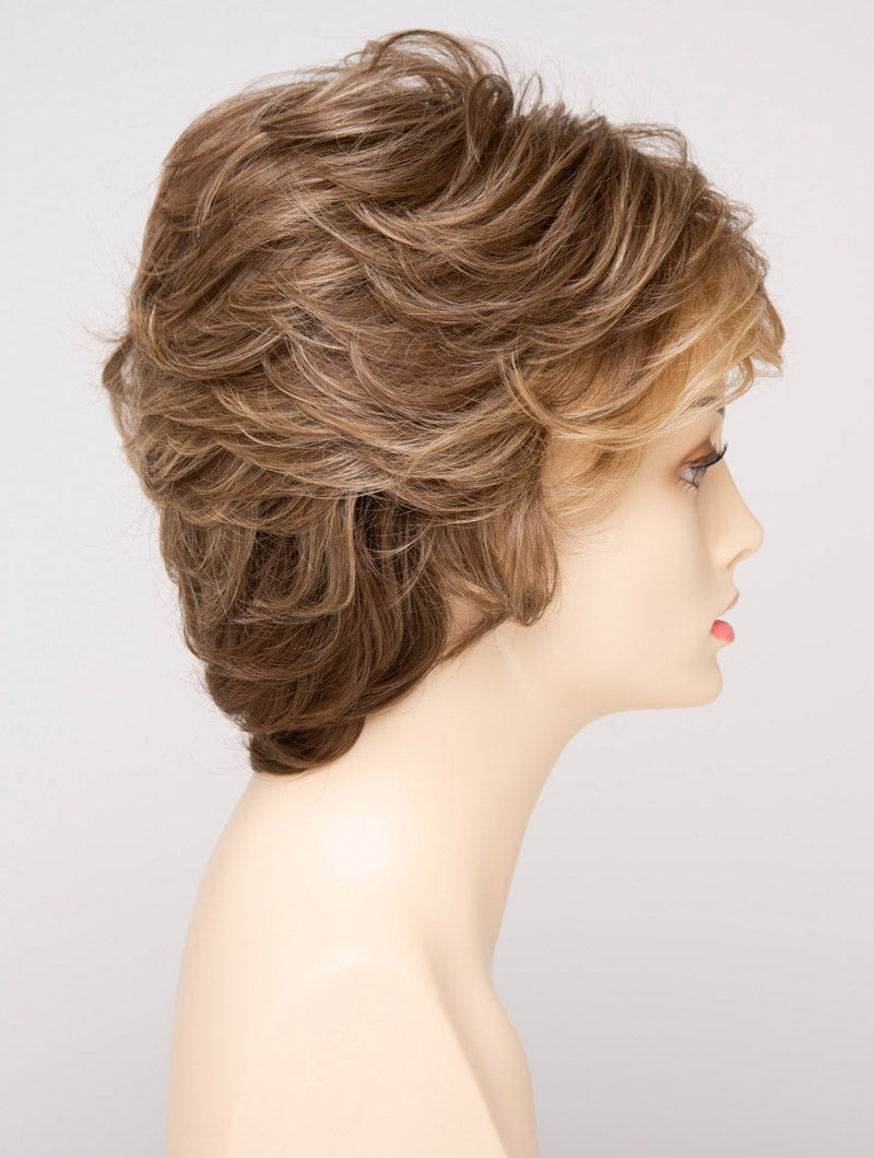 profile side of a short Kinner Beauty Wigs wig for woman on mannequin head
